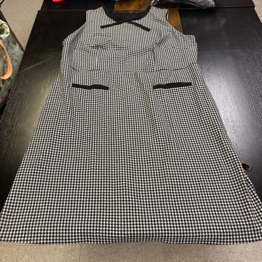 Talbots Plus Womens 16W Houndstooth Sheath Dress Black‎ White Bow Accent ID5252